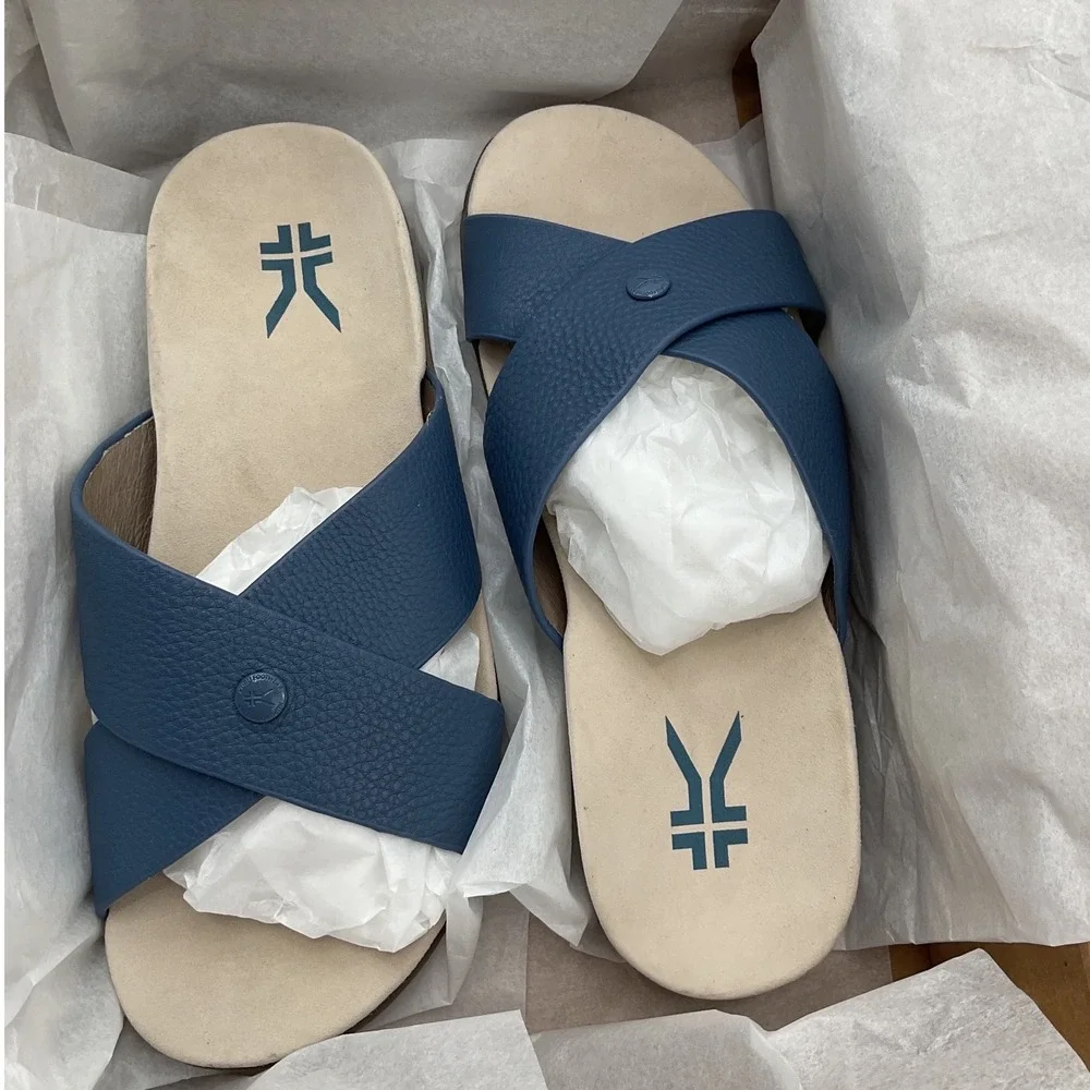 Kuru Footwear Blue Leather Criss Cross Slide Sandals Comfort Arch Support 9M